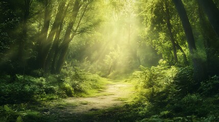 Fototapeta premium Mystical Forest Path, Sunlight Beams Through Trees. Concept of Nature, Magic, and Serenity.