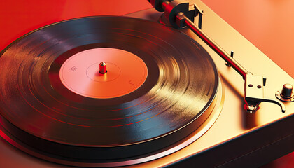 Gold Turntable with Vinyl Record and Tonearm