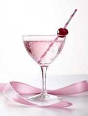 A pink cocktail in a decorative glass with a cherry and straw, set against a soft background.