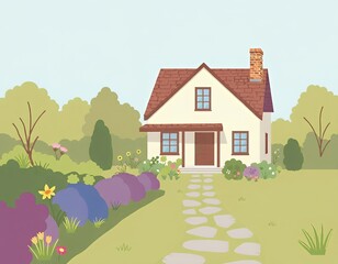 there is a cartoon house with a stone path leading to it.