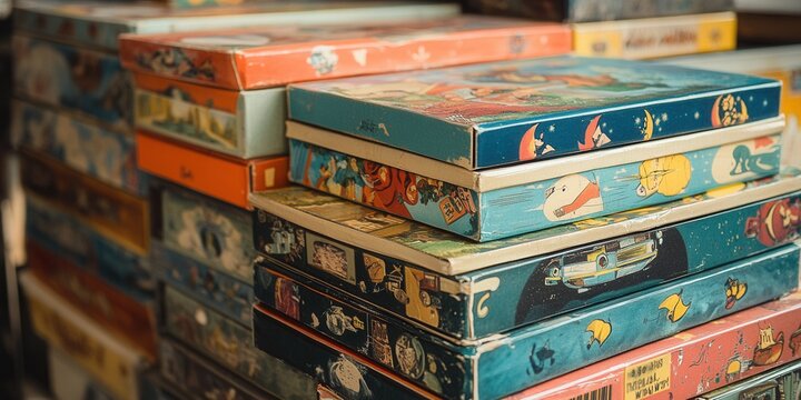 Vintage board games collection, vibrant box art from the 60s, nostalgic designs, playful colors, inviting retro charm, perfect for game lovers
