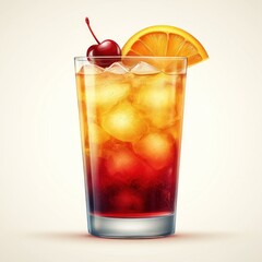 A refreshing cocktail served in a glass with ice, garnished with a cherry and orange slice.