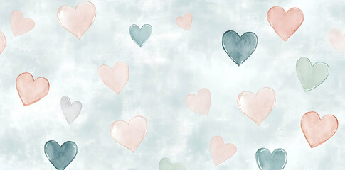A soft, watercolor pattern featuring various hearts on a light background.