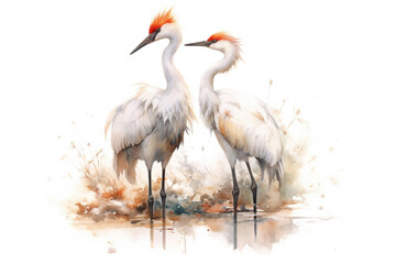 Obraz premium Two cranes on white background, watercolor cartoon style, watercolor style 