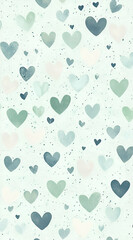 A soft pastel background featuring various hearts in shades of green and pink.