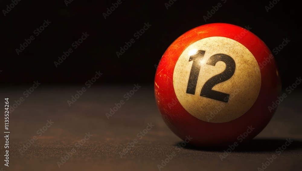 Poster red billiard ball with number twelve on dark surface.
