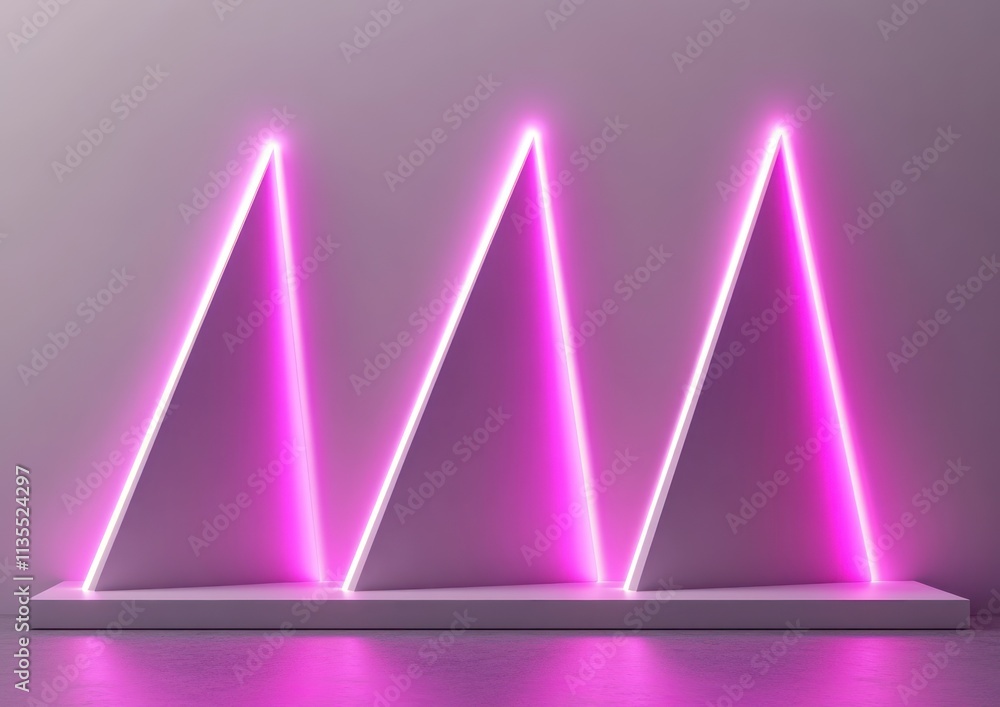 Poster three glowing pink triangles on a platform.