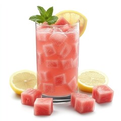 A refreshing pink drink with ice cubes, lemon slices, and mint leaves.