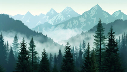 Obraz premium Digital Landscape: Misty Mountains and Coniferous Forest