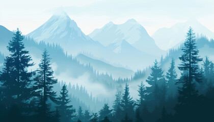 Digital Illustration of Foggy Mountain Range and Evergreen Trees