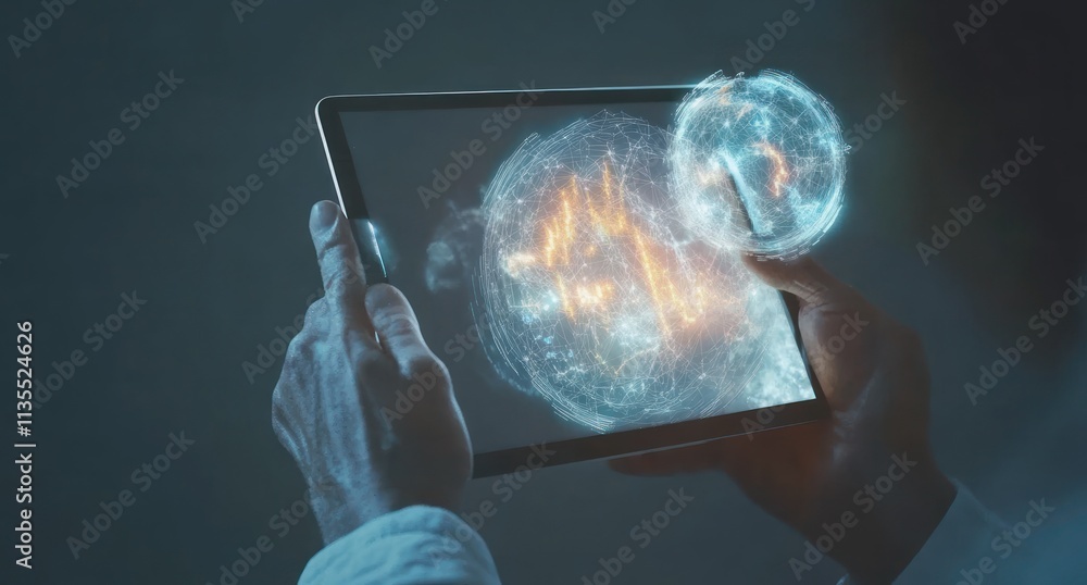 Poster person holds tablet displaying digital heart with waveform.