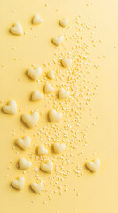 A collection of white heart-shaped candies scattered on a yellow surface with small sprinkles.