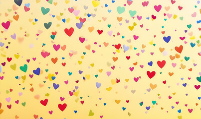 A vibrant background filled with colorful hearts on a soft yellow backdrop.