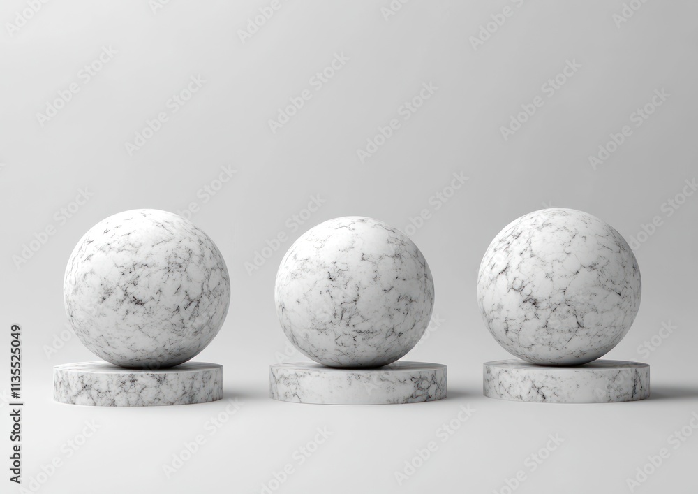 Poster three marble spheres on blocks against a white backdrop.