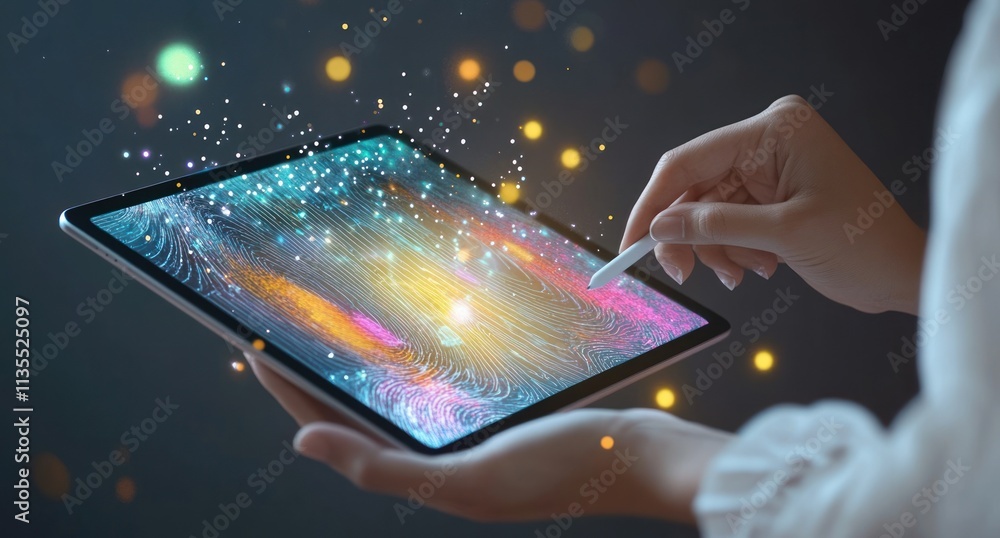 Poster Hands use tablet with digital art and particles.
