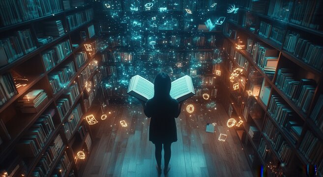 Aerial view of a person in a modern library, vibrant film reels and musical notes flowing from an open book, warm light, polished floors, cinematic energy