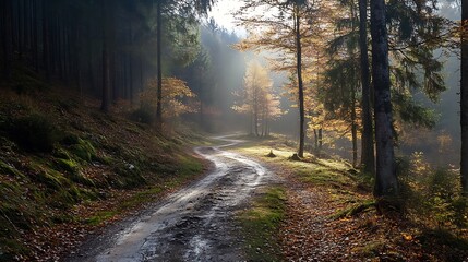 Fototapeta premium Autumn Forest Path, Sunlight Through Trees. Concept of Tranquility, Nature, and Hiking.