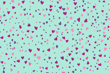 A playful pattern of colorful hearts on a light blue background, ideal for romantic themes.