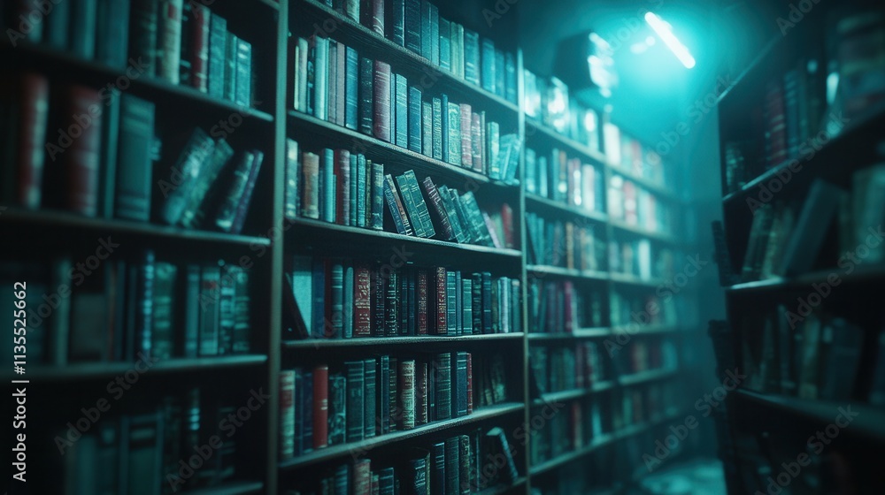 Poster futuristic bookshelf, an intricate display of literature illuminated by dynamic lighting, showcasing