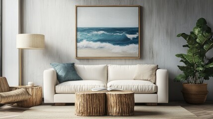 Coastal Living Room Decor: Tranquil Ocean View Painting, White Sofa, and Natural Elements