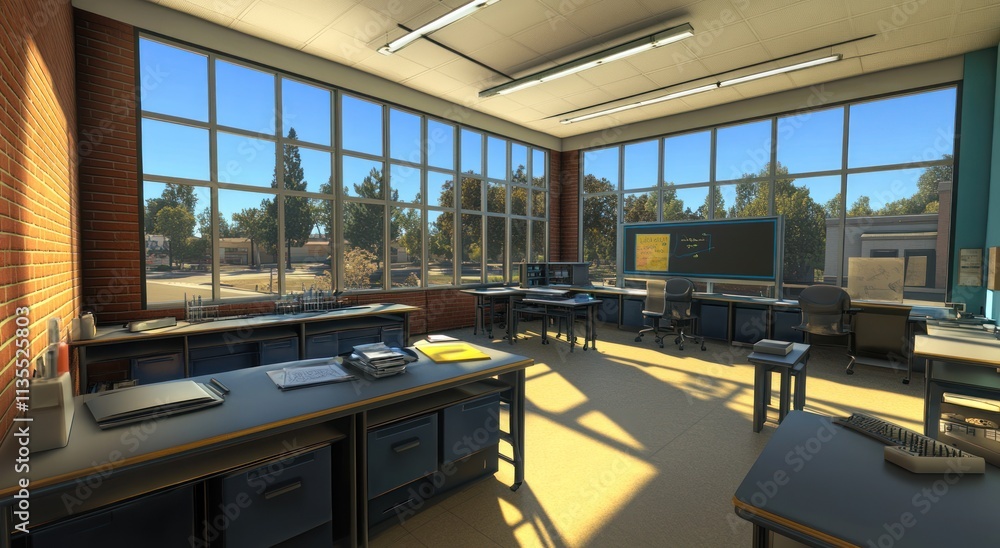 Poster empty, sunlit classroom with desks and large windows.