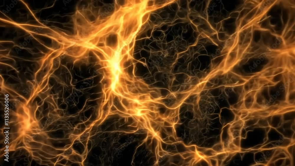 Poster bright orange lightning patterns create an abstract representation of energy and movement in a dark 