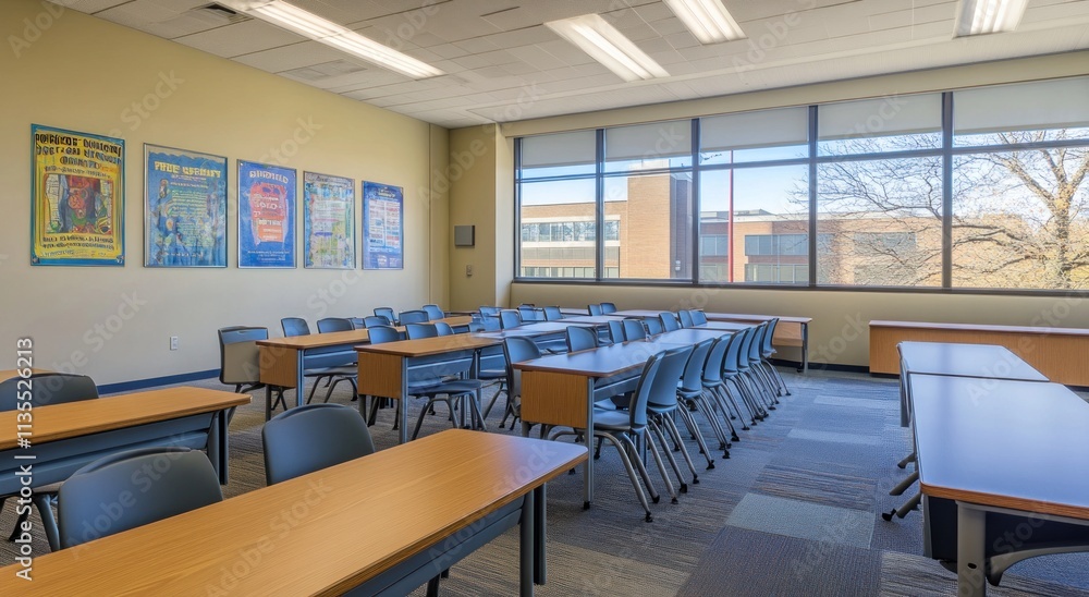 Aufkleber Empty classroom with rows of desks and chairs, large window.