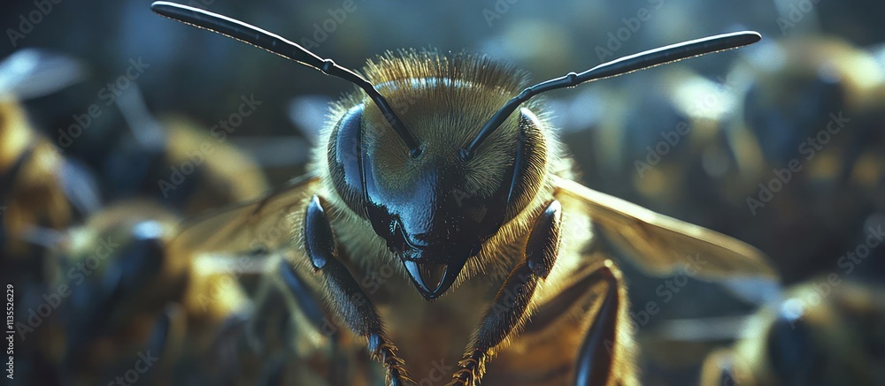 Poster honeybee macro with other bees blurred.