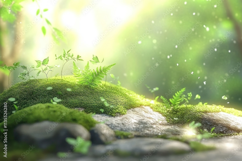 Aufkleber sunlight shines on moss and ferns in a lush green forest scene.