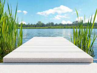 Fototapeta premium Recycle sustainability conservation renewal concept. A serene wooden dock stretches over calm waters, surrounded by lush greenery and a bright blue sky, creating a peaceful natural scene.