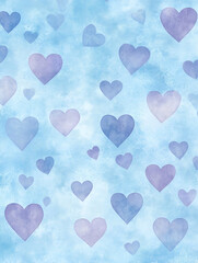 A soft blue background adorned with various purple hearts, creating a whimsical and loving atmosphere.