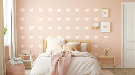 A cozy bedroom with a pink heart-themed wall and minimalist decor.