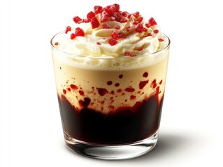 A dessert drink featuring layers of cream, red syrup, and toppings in a glass.