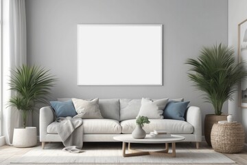 Coastal style living room interior, room in Dove Gray colors, blank white poster frame