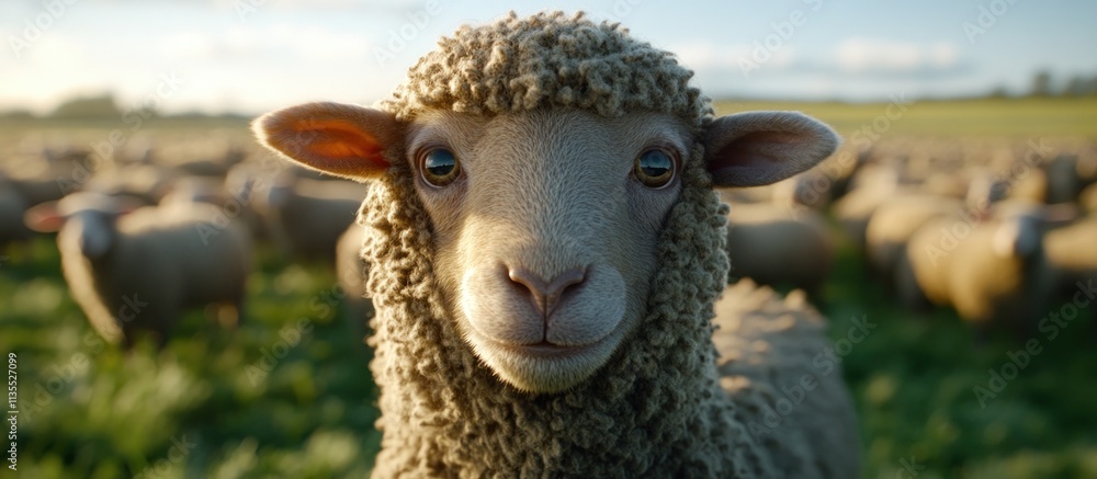 Poster close up of sheep facing forward in herd grazing on grassy pasture.