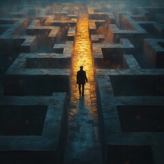 Lost in a complex labyrinth, a figure navigates twists and turns, surrounded by dramatic lighting and intricate shadows, evoking a sense of mystery.