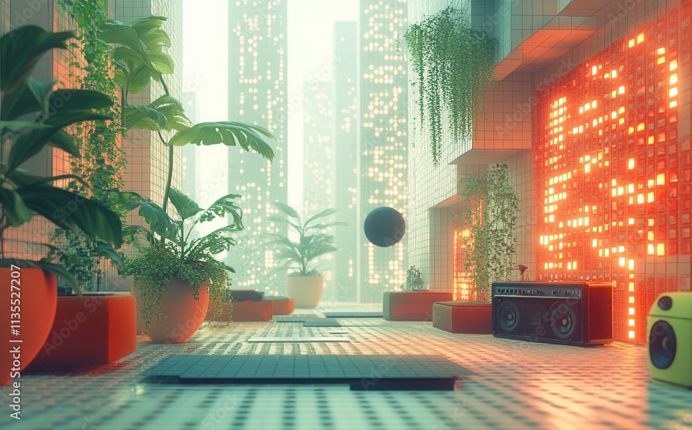 Poster voxel harmony, a vibrant 3d realm resembling a music software interface, crafted from colorful voxel