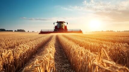Obraz premium Harvester in golden wheat field at sunset. Concept of agriculture, harvest, and farming.