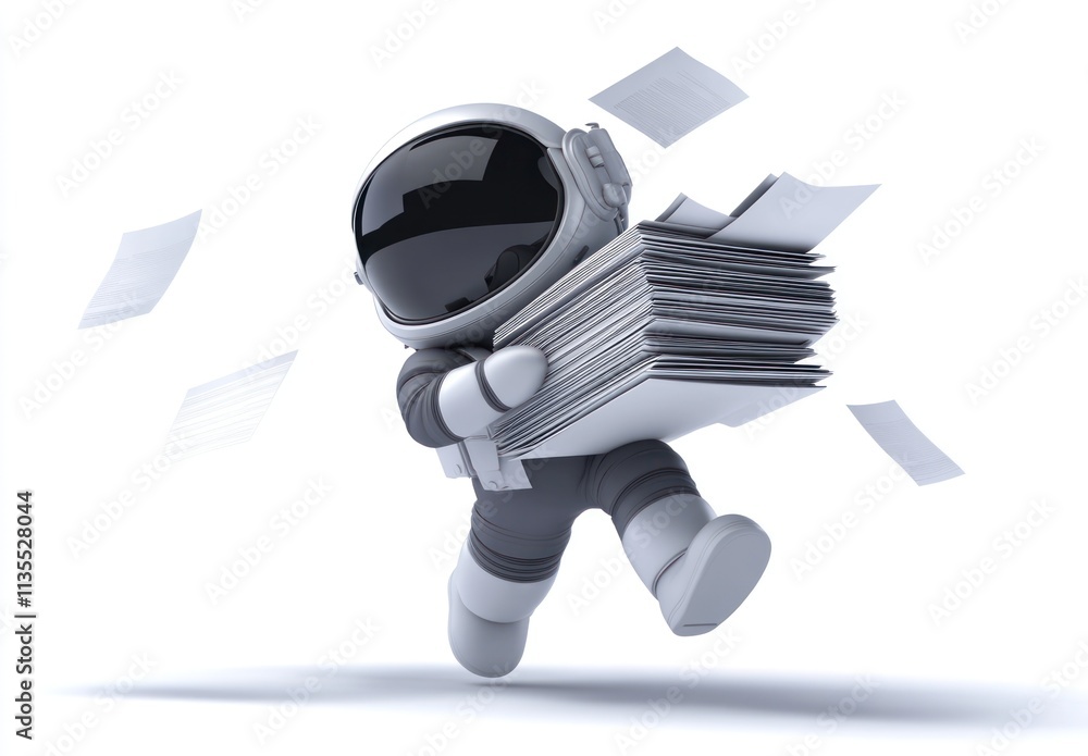 Poster astronaut running with papers, documents flying around.