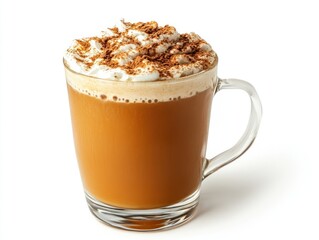 A glass mug filled with a creamy coffee beverage topped with whipped cream and cocoa.