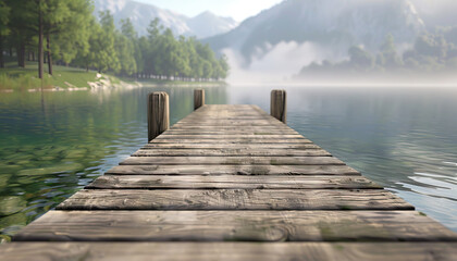 Fototapeta premium Wooden Dock on Calm Lake with Mountain Background