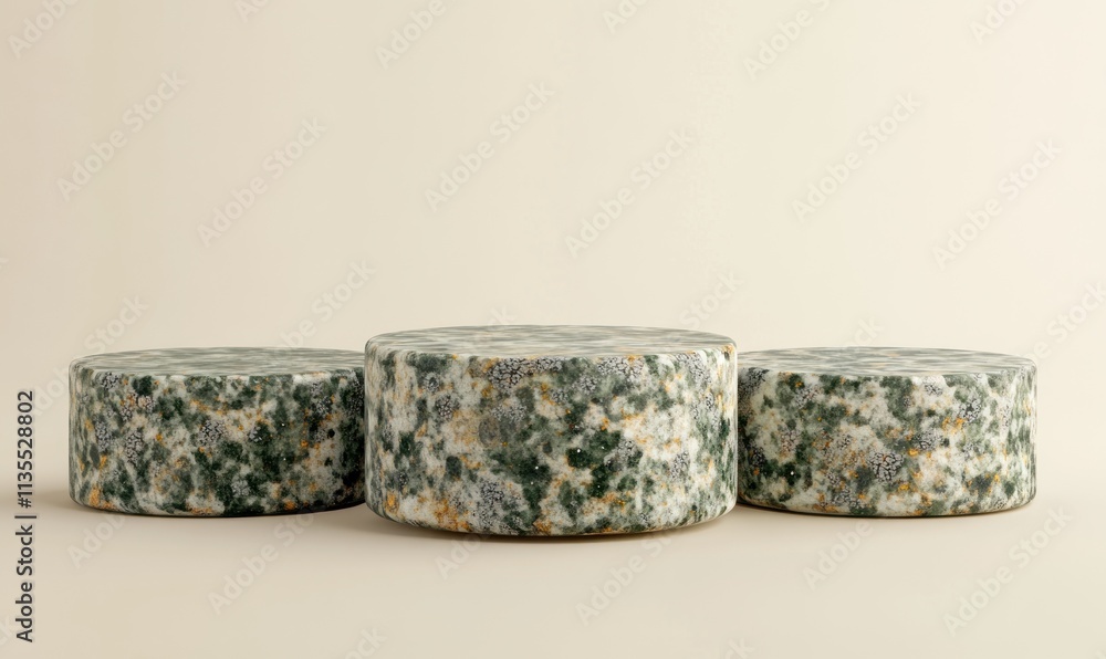 Poster three textured cylinder pedestals on soft light backdrop.
