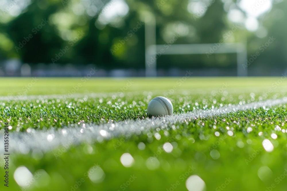Poster ball rests on the field?s line, blurred trees & goal post in background.