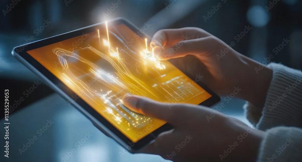 Poster hands holding tablet with glowing futuristic data display.