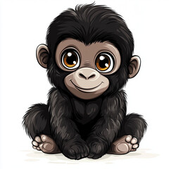 Cute baby gorilla with big eyes and fluffy fur, smiling joyfully