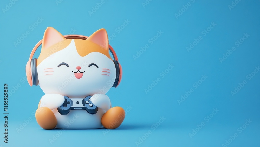 Poster playful cat character with headphones, holding game controller.