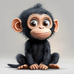 cute baby chimpanzee with big eyes and fluffy fur, sitting playfully