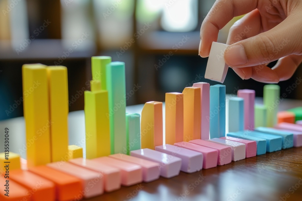 Poster Hand building bar graph with colorful blocks.