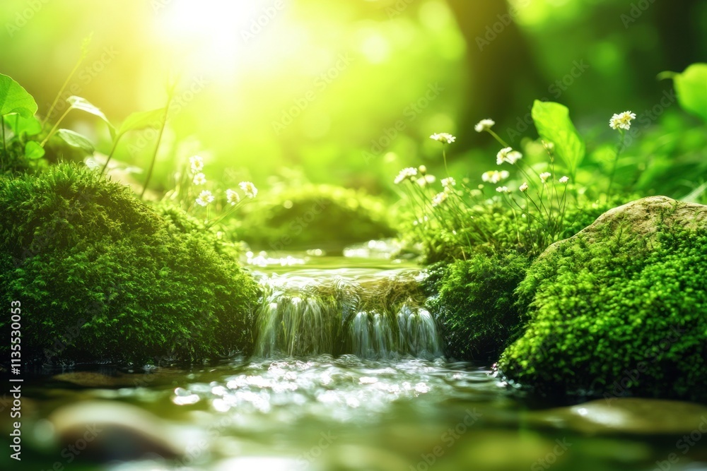 Aufkleber small stream flows through lush moss and plant life in forest with light.