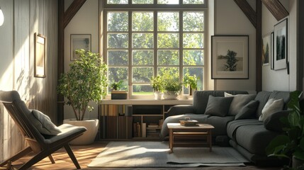 Sunlit Living Room Interior Design: Modern Farmhouse Style with Cozy Seating and Natural Light